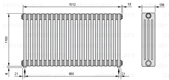 Схема (чертеж) Радиатор Zehnder Charleston 4110/22 №5310 Белый глянцевый RAL 9016